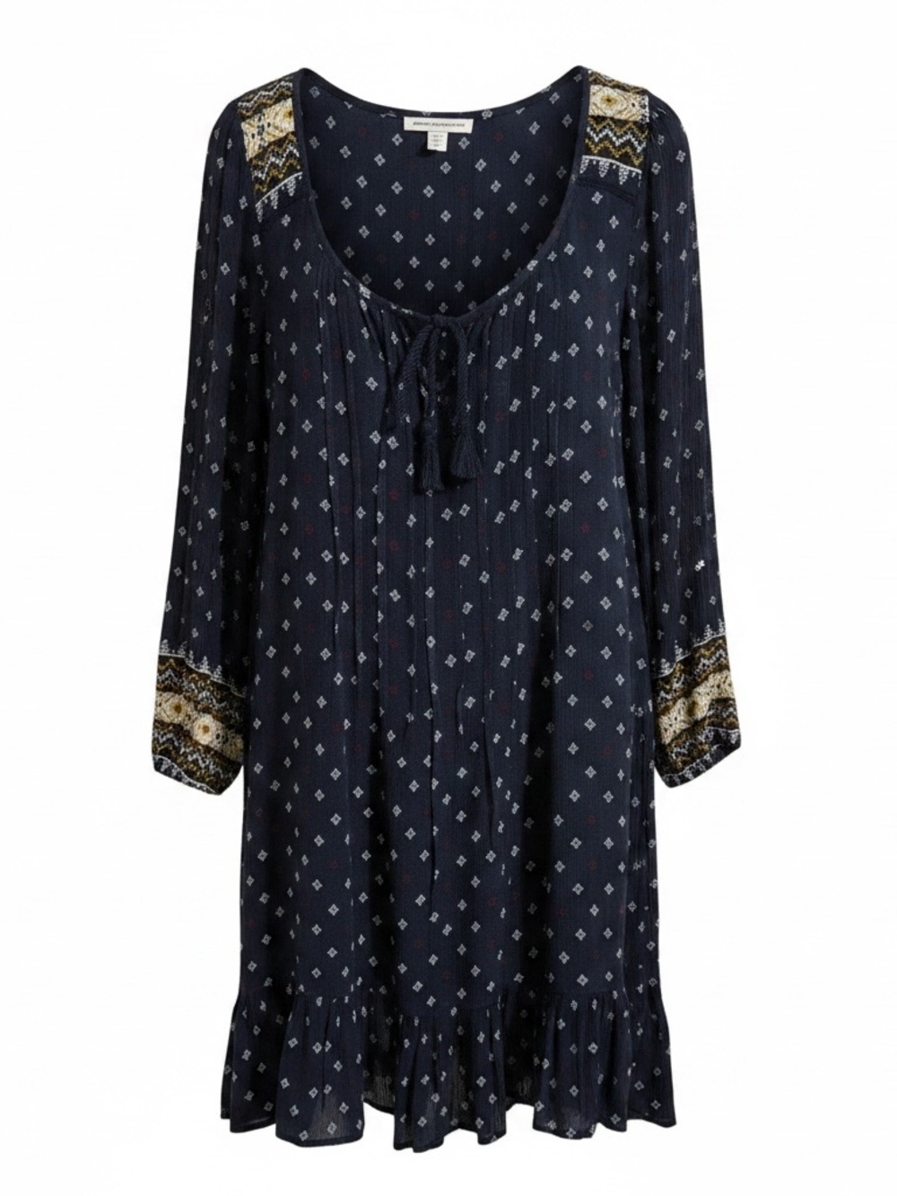 American Eagle Outfitters Navy Printed Tie-Front Long Sleeve Dress